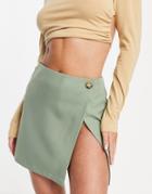 Asos Design High Slit Wrap Mini Skirt In Sage-black