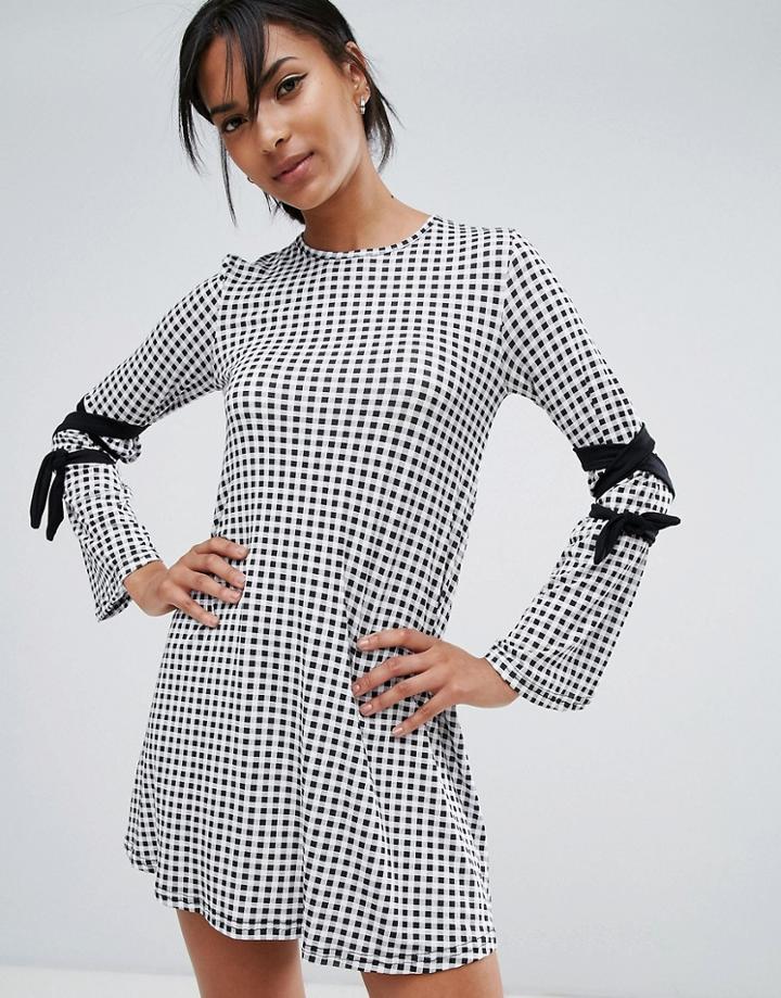 Daisy Street Gingham Dress With Tie Sleeve - Black