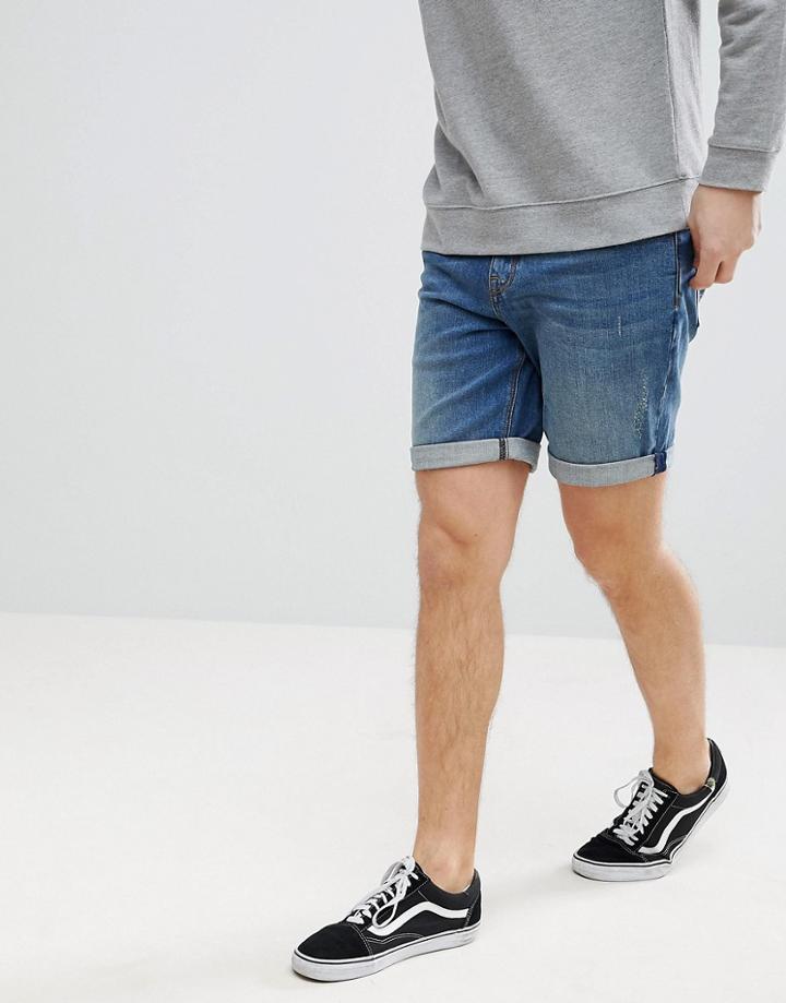 Asos Denim Shorts In Slim Mid Wash With Abrasions - Blue