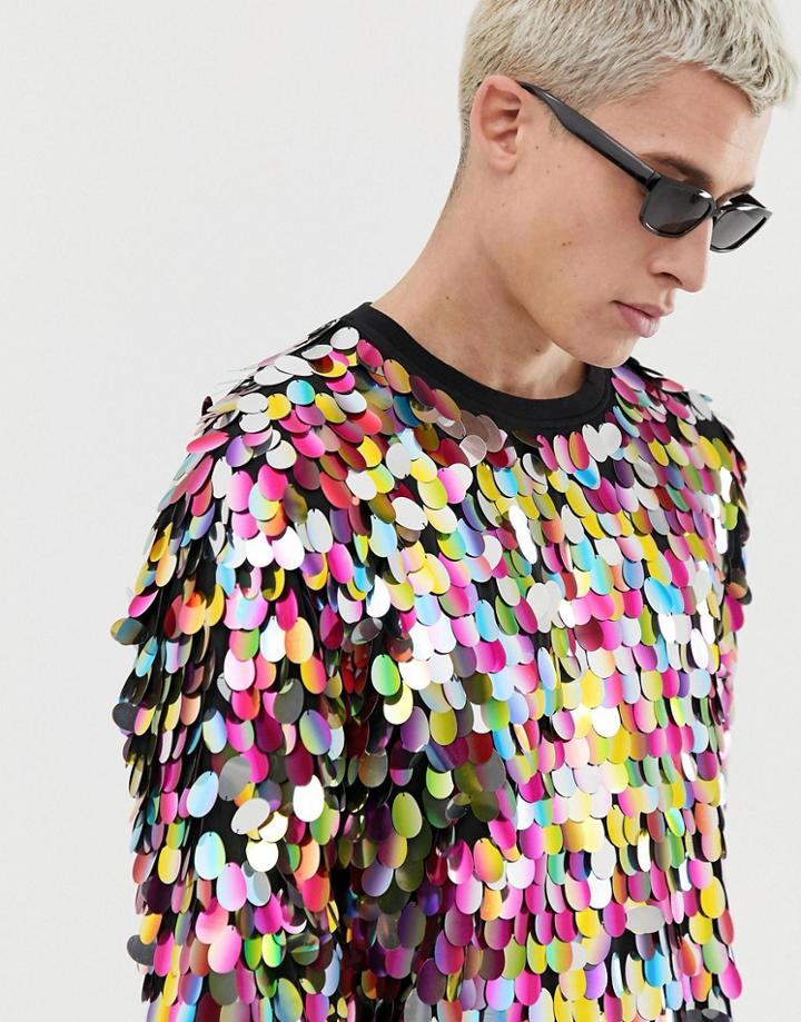 Asos Design Festival T-shirt With Large Multicoloured Sequins - Multi