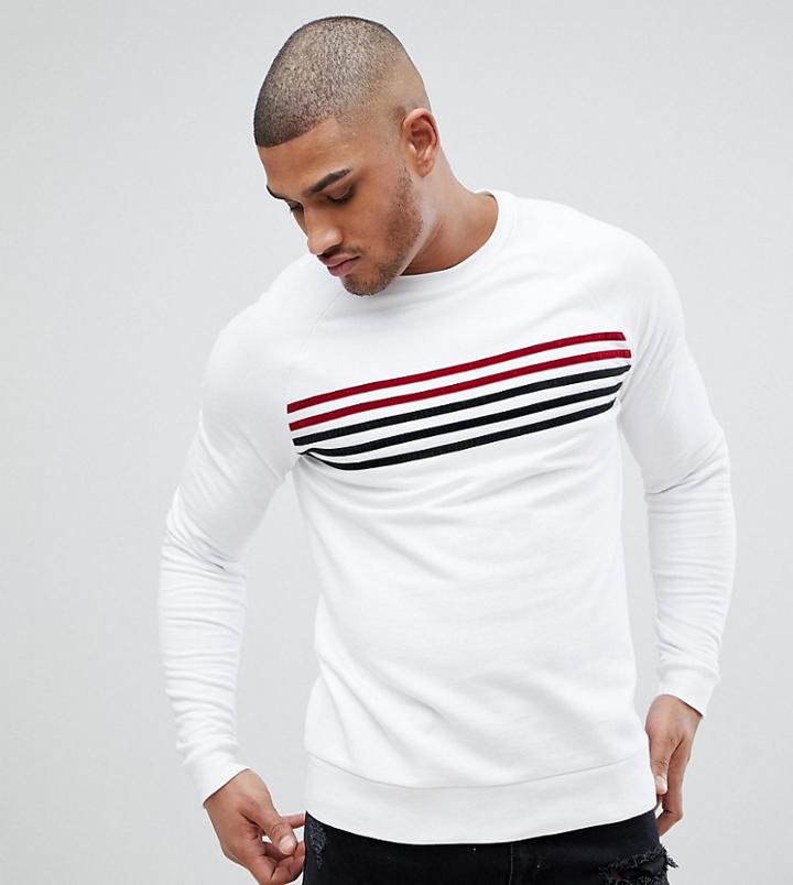 Asos Tall Sweatshirt In White With Velour Stripes - White