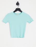 Pull & Bear Crop Striped T-shirt With Lettuce Edge In Blue-pink