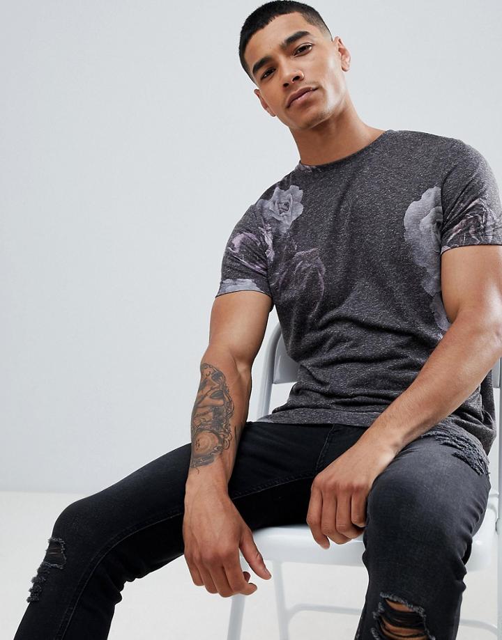 Asos Design T-shirt With All Over Floral Print On Linen Mix Jersey - Multi