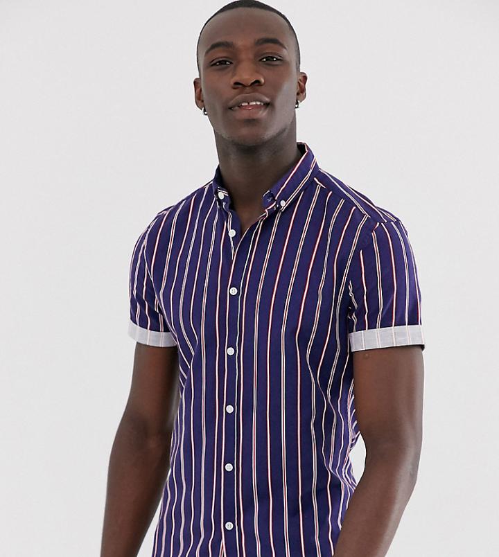 Asos Design Tall Skinny Fit Stripe Shirt In Navy - Navy