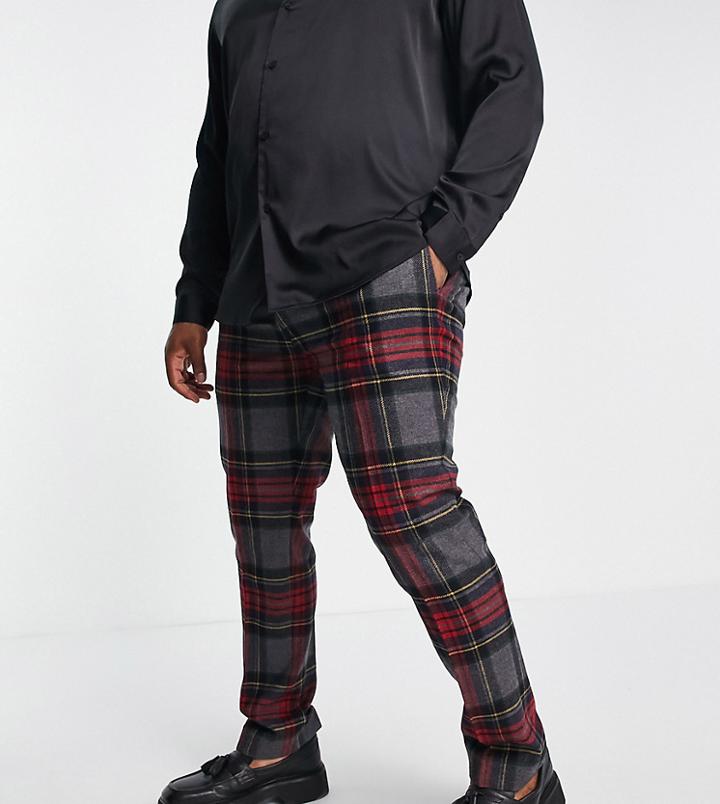 Twisted Tailor Plus Cardosi Slim Fit Smart Pants In Gray And Red Check With Pocket Chain-multi