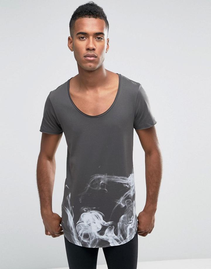 Jack & Jones Longline T-shirt With Curved Hem In Smoke Print - Black