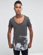Jack & Jones Longline T-shirt With Curved Hem In Smoke Print - Black