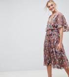 Asos Design Tall Flutter Sleeve Midi Dress With Pleat Skirt In Floral Print - Multi