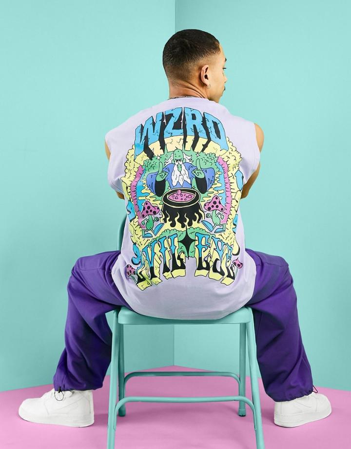 Asos Design Oversized Tank In Purple With Back Cartoon Print
