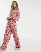 In The Style X Billie Faiers Wide Leg Pants Two-piece In Red Floral Print-multi