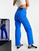 Bershka Contrast Seam Carpenter Straight Leg Jeans In Cobalt-blue