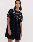 Asos Design Embroidered Oversized T-shirt Dress-pink