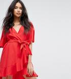 Boohoo Frill Detail Wrap Dress - Red