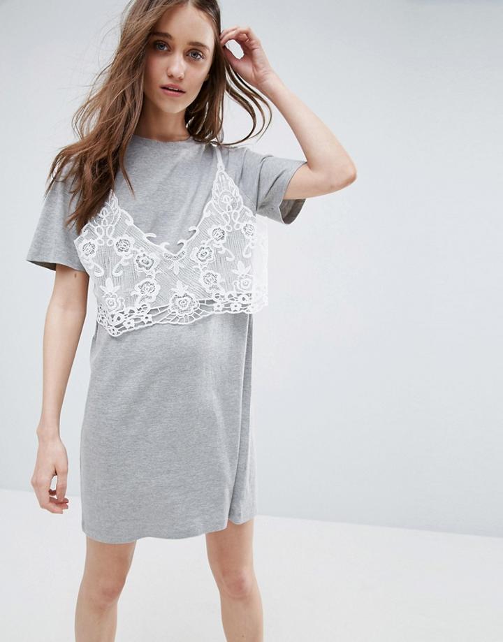 Asos T-shirt Dress With Lace Bralette - Gray