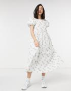 Lost Ink Midi Dress With Drawstring Details In Textured Vintage Floral-white