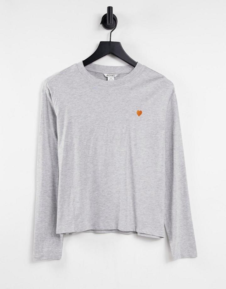 Monki Organic Cotton Heart Long Sleeve Top In Gray Melange