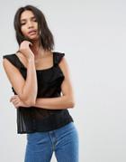 Asos Ruffle Cami With Lace Insert - Black