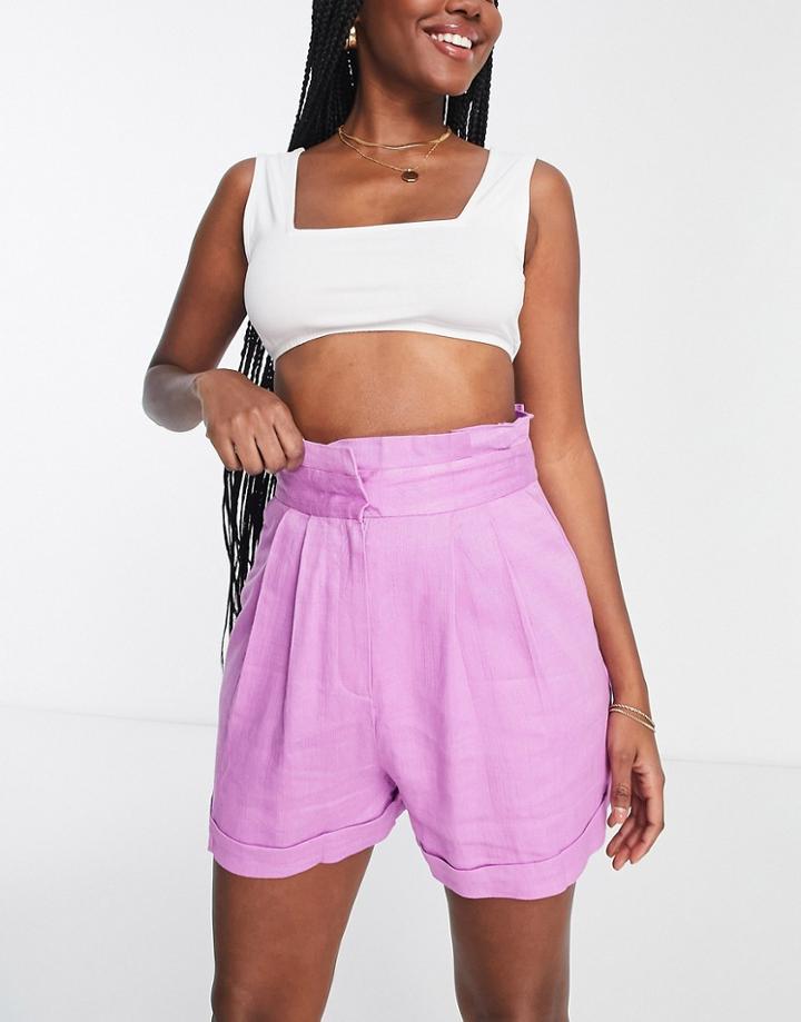 Asos Design Hourglass Linen Paperbag Waist Shorts In Pink