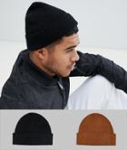 Asos Design 2 Pack Fisherman Beanie In Black & Tobacco Recycled Polyester Save - Black