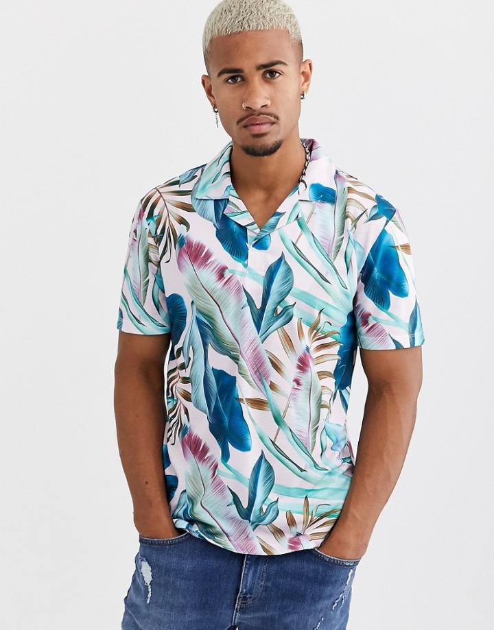 Only & Sons Revere Collar Palm Print T-shirt In Pink