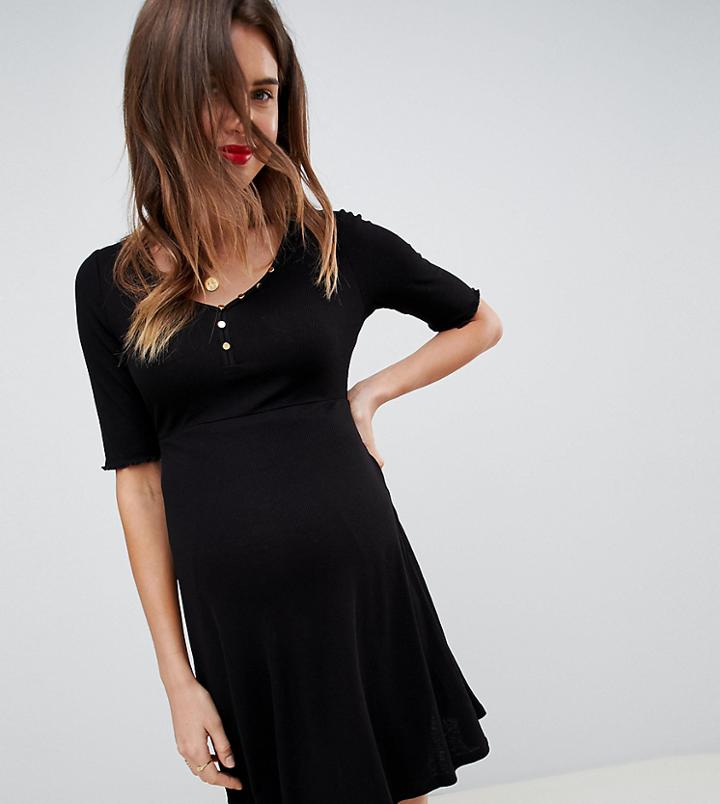 Asos Design Maternity V Neck Skater Dress With Buttons - Black