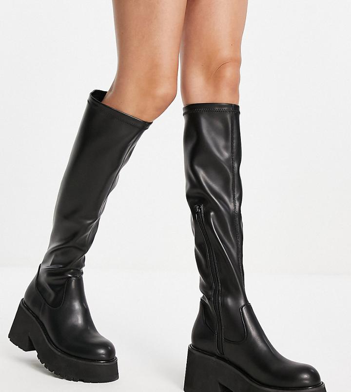 Rule London Exclusive Rosie Heeled Knee Boots In Black Pu