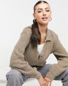 Asos Design Collared Sweater With Button Placket Detail In Long Sleeve In Taupe-neutral