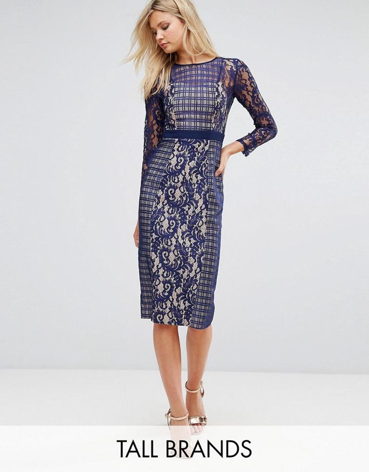 Little Mistress Tall Long Sleeve Contrast Lace Shift Dress - Navy