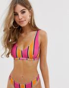 Asos Design Rib Plunge Side Bikini Top In Multi Stripe - Multi