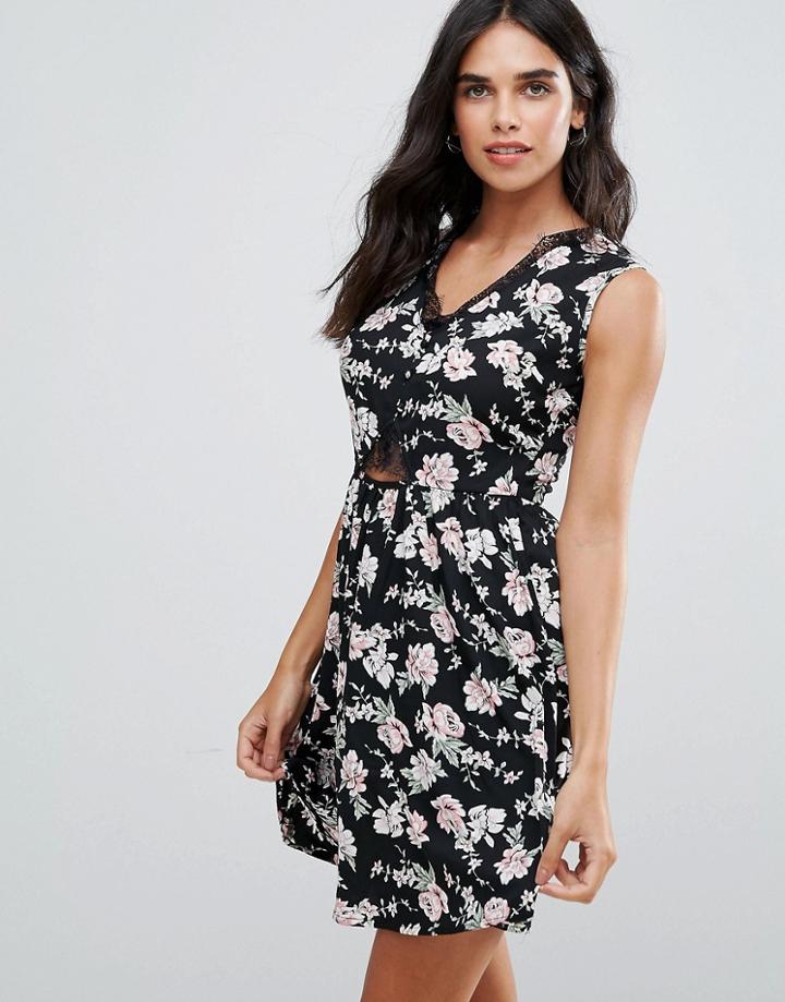 Influence Lace Detail Cut Out Dress In Floral Print - Black