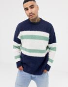Asos Knitted Sweater With Blocked Stripes In Navy