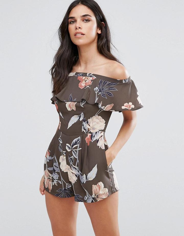 Love Off Shoulder Frill Printed Romper - Green