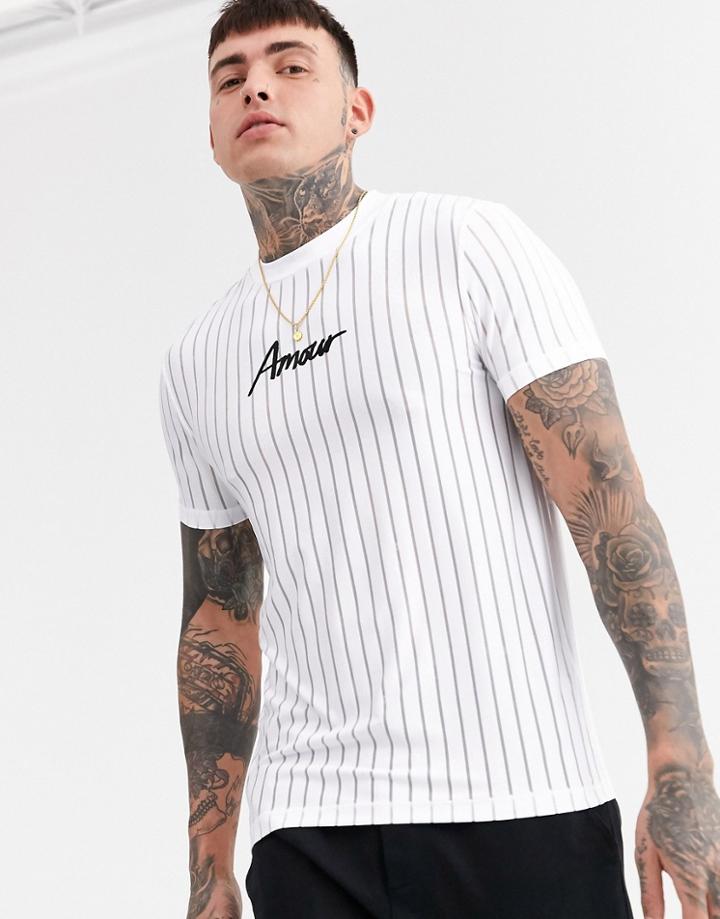 Asos Design Skinny T-shirt With Amour Chest Print In Mesh Stripe-white