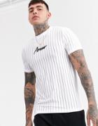 Asos Design Skinny T-shirt With Amour Chest Print In Mesh Stripe-white