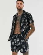 Asos Design Two-piece Swim Shorts In Black With Hand Drawn Floral Print In Mid Length - Black