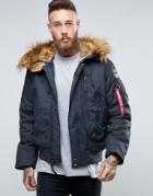Alpha Industries Bomber Jacket With Faux Fur Trim In Regular Fit Navy