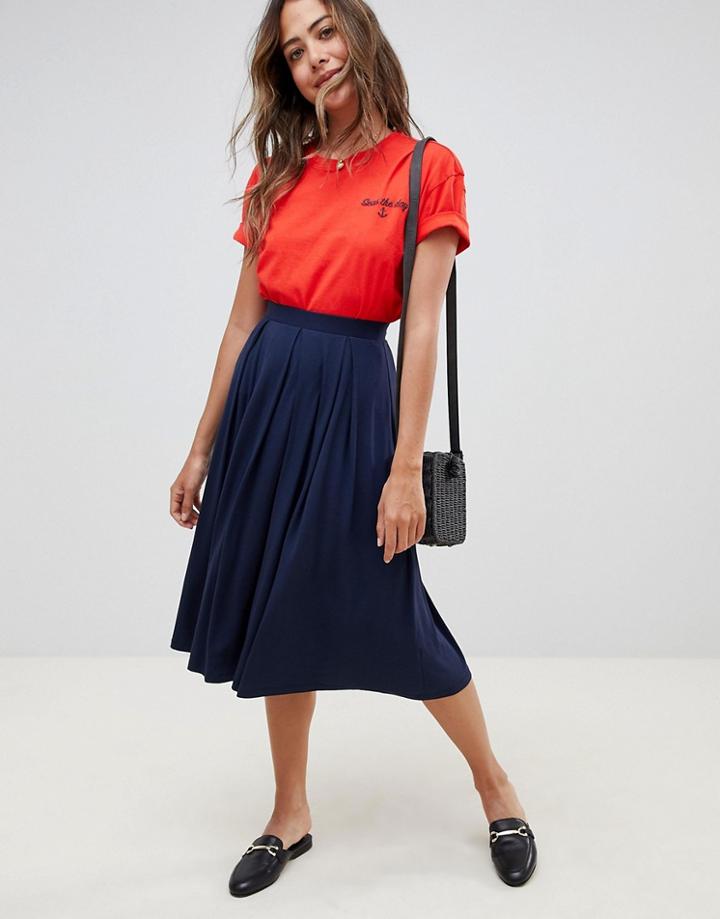 Asos Design Midi Skirt With Box Pleats - Navy