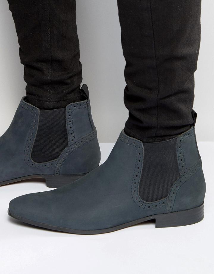 Asos Chelsea Boots In Navy Nubuck Leather - Navy