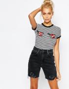 The Ragged Priest Fitted Retro Ringer T-shirt In Stripe With Heart Patches - Stripe