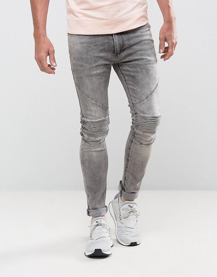 Religion Biker Jeans In Skinny Fit With Stretch In Gray Veins Wash - Gray