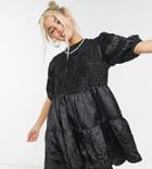 Collusion Crinkle Satin Tiered Satin Smock Dress In Black