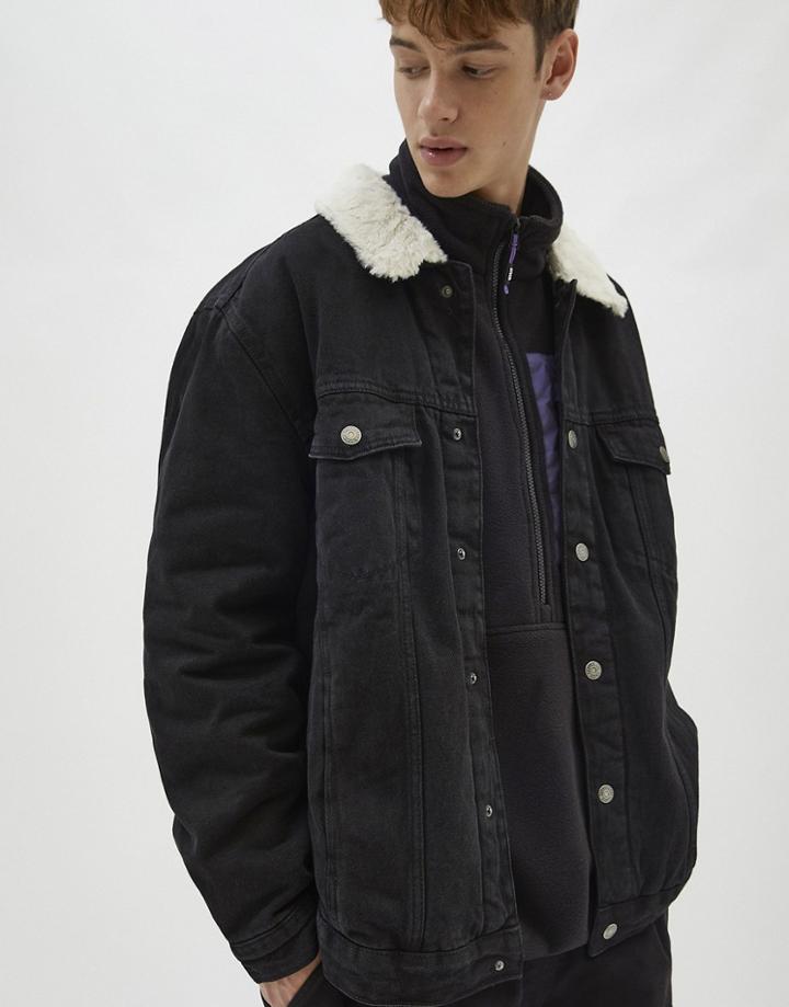 Pull & Bear Denim Trucker Jacket With Teddy Collar In Black