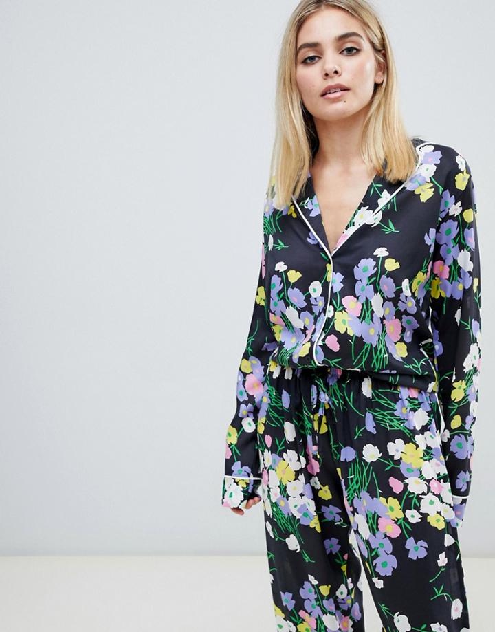 Asos Design Mix & Match Floral Pyjama Shirt In 100% Woven Modal - White