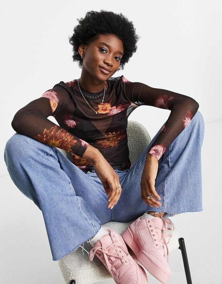 Urban Revivo Mesh Top In Floral Print-brown