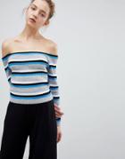 Daisy Street Off Shoulder Sweater In Fine Stripe - Blue