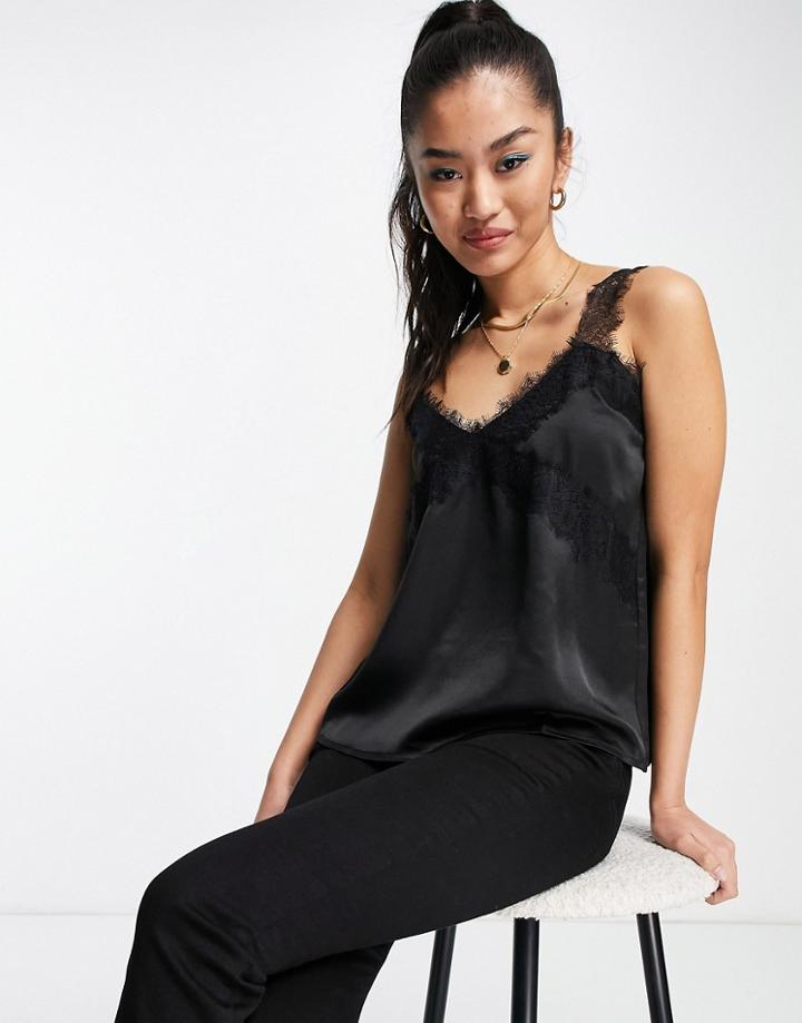 Outrageous Fortune Lace Trim Cami In Black Satin