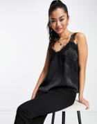 Outrageous Fortune Lace Trim Cami In Black Satin