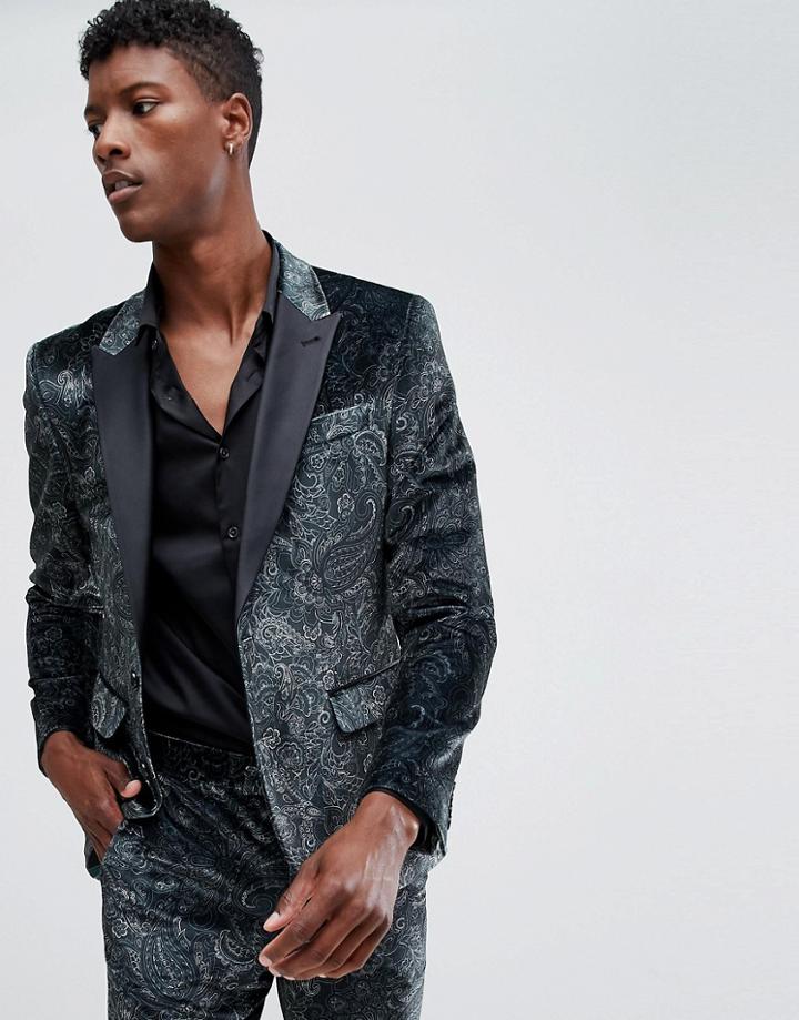 Asos Design Skinny Tuxedo Suit Jacket In Forest Green Paisley Print