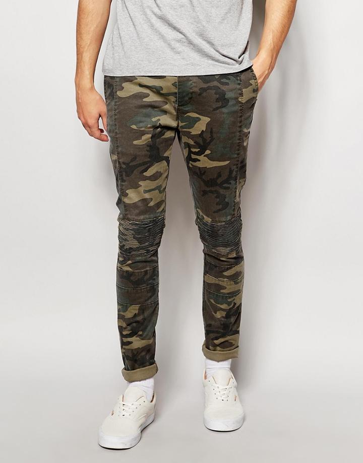 Asos Skinny Chinos In Camo Print With Biker Panels - Khaki