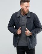 Asos Heavyweight Denim Jacket With Fleece Collar In Black Wash - Black